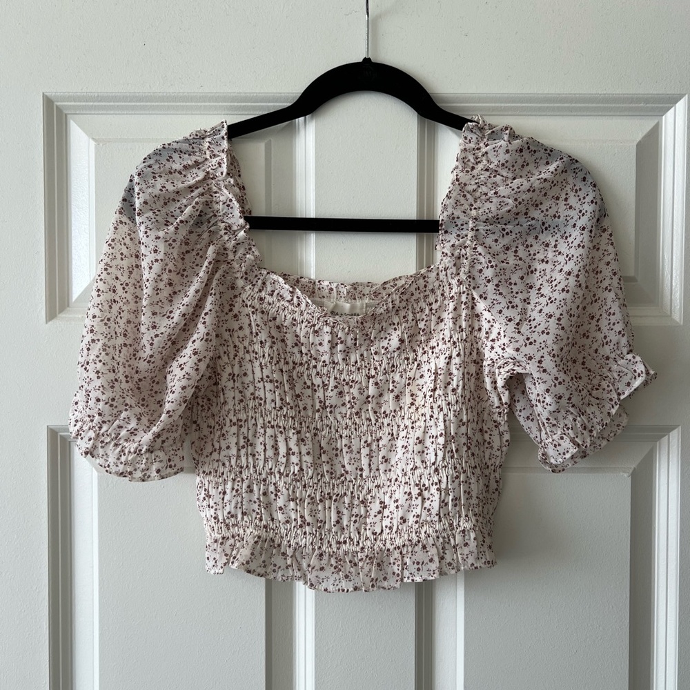 Smocked Floral Crop Top - Cream with Pink Print